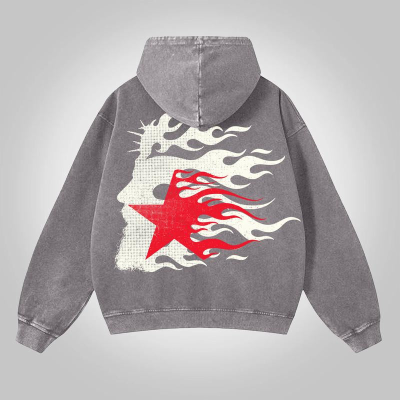 Multicolor Jesus Flame Print Acid Washed Oversized Zip-Up Hoodie Firm Faith God Is My Strength Vintage Y2K Long Sleeve Hoodies Streetwear Apparel Hooded Sweatshirt Aesthetics Casual Christian Menswear Gifts Holiday Christmas Gift for Men Women Him Her