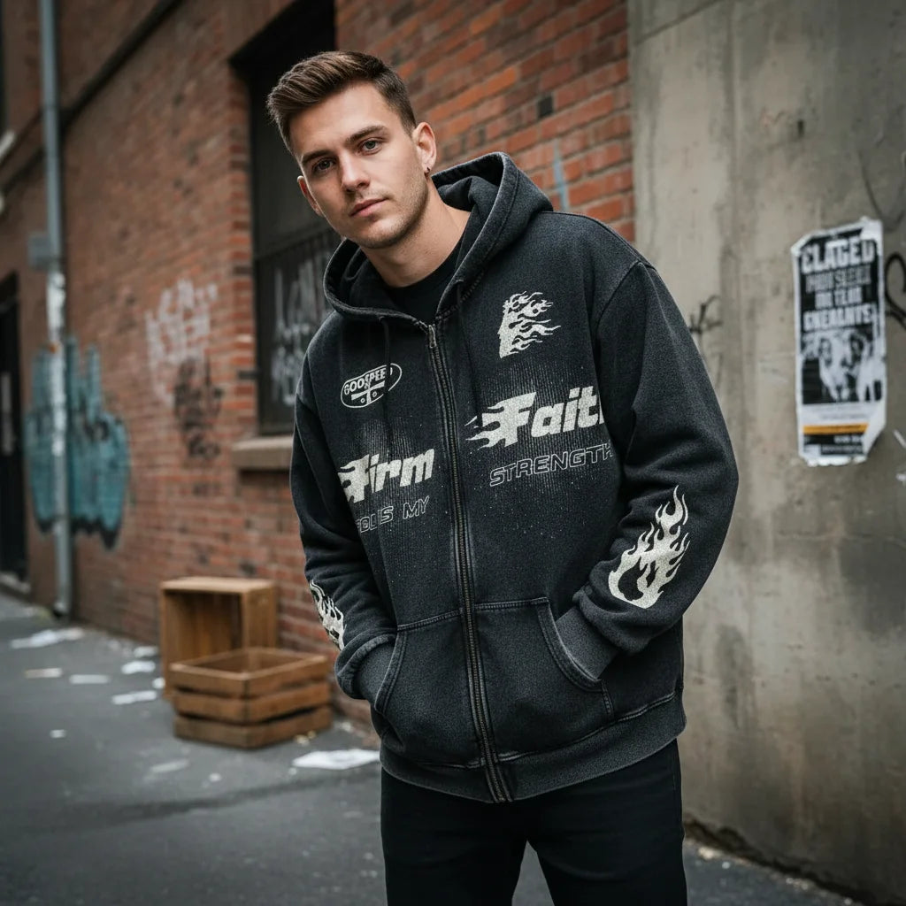 Firm Faith Flame Acid Wash Zip-Up Hoodie