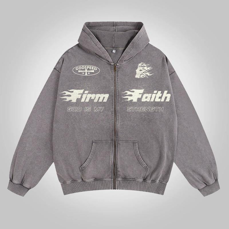 Multicolor Jesus Flame Print Acid Washed Oversized Zip-Up Hoodie Firm Faith God Is My Strength Vintage Y2K Long Sleeve Hoodies Streetwear Apparel Hooded Sweatshirt Aesthetics Casual Christian Menswear Gifts Holiday Christmas Gift for Men Women Him Her