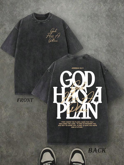 “God’s Plan” Vintage Washed T-Shirt – 230g Cotton, Double-Sided Print