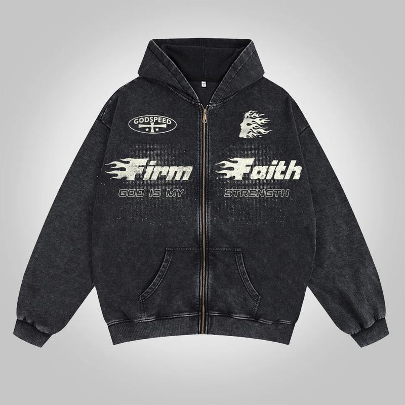 Multicolor Jesus Flame Print Acid Washed Oversized Zip-Up Hoodie Firm Faith God Is My Strength Vintage Y2K Long Sleeve Hoodies Streetwear Apparel Hooded Sweatshirt Aesthetics Casual Christian Menswear Gifts Holiday Christmas Gift for Men Women Him Her