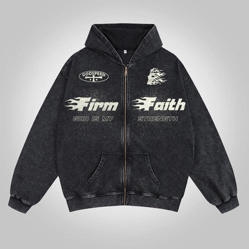 Multicolor Jesus Flame Print Acid Washed Oversized Zip-Up Hoodie Firm Faith God Is My Strength Vintage Y2K Long Sleeve Hoodies Streetwear Apparel Hooded Sweatshirt Aesthetics Casual Christian Menswear Gifts Holiday Christmas Gift for Men Women Him Her