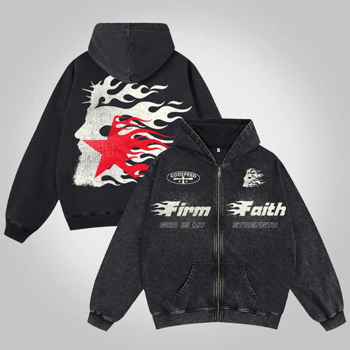 Multicolor Jesus Flame Print Acid Washed Oversized Zip-Up Hoodie Firm Faith God Is My Strength Vintage Y2K Long Sleeve Hoodies Streetwear Apparel Hooded Sweatshirt Aesthetics Casual Christian Menswear Gifts Holiday Christmas Gift for Men Women Him Her