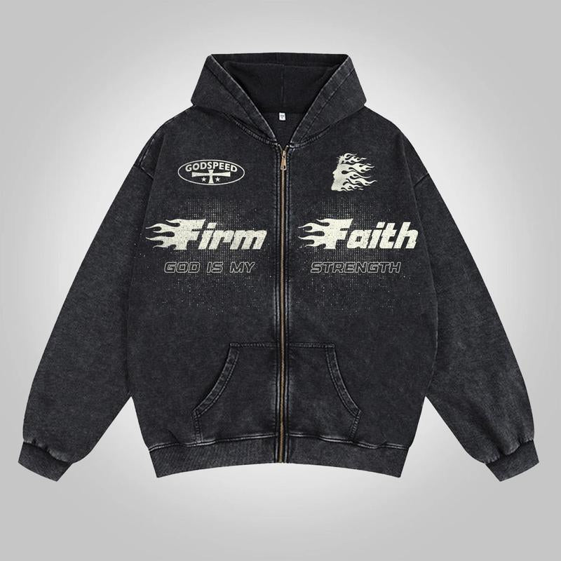 Multicolor Jesus Flame Print Acid Washed Oversized Zip-Up Hoodie Firm Faith God Is My Strength Vintage Y2K Long Sleeve Hoodies Streetwear Apparel Hooded Sweatshirt Aesthetics Casual Christian Menswear Gifts Holiday Christmas Gift for Men Women Him Her